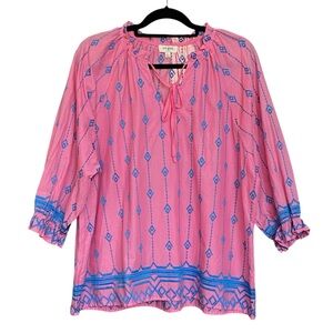 Umgee Pink and Blue Embroidered Cotton Blouse Tie Neck Womens Size Large NWOT